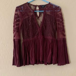 Sexy Maroon Sheer Long Sleeve Blouse